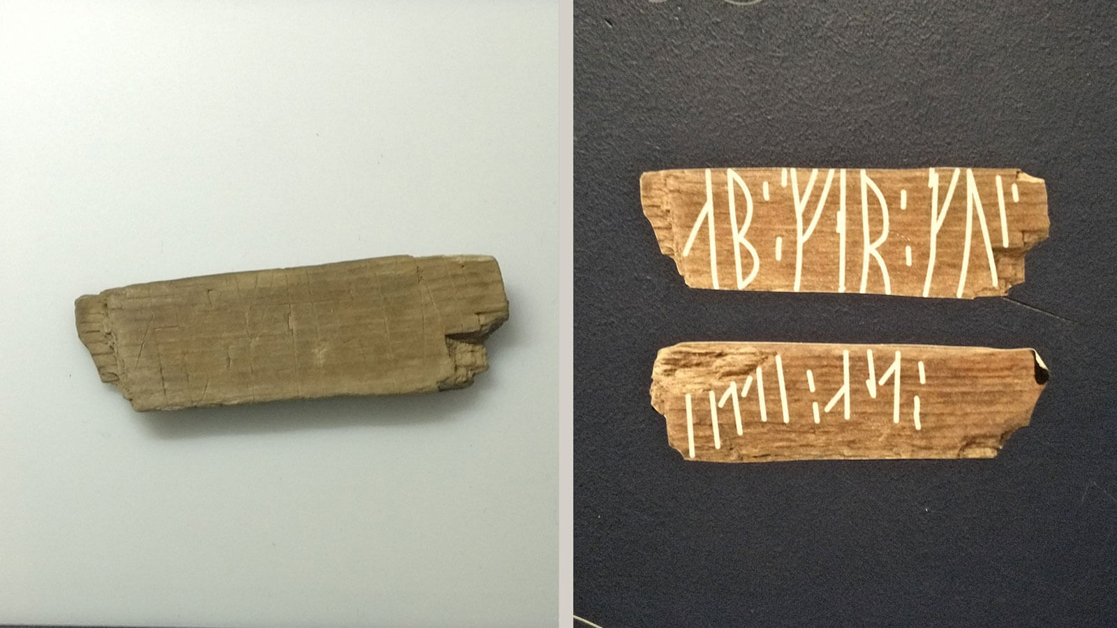 Petit morceau de bois sur lequel on devine des traces de runes
