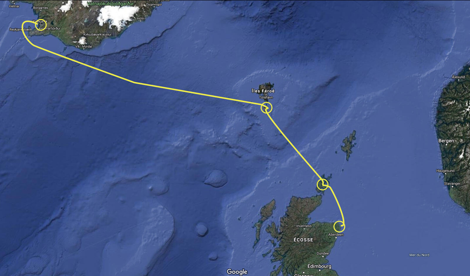 Carte du voyage depuis l&rsquo;Islande à l&rsquo;Ecosse