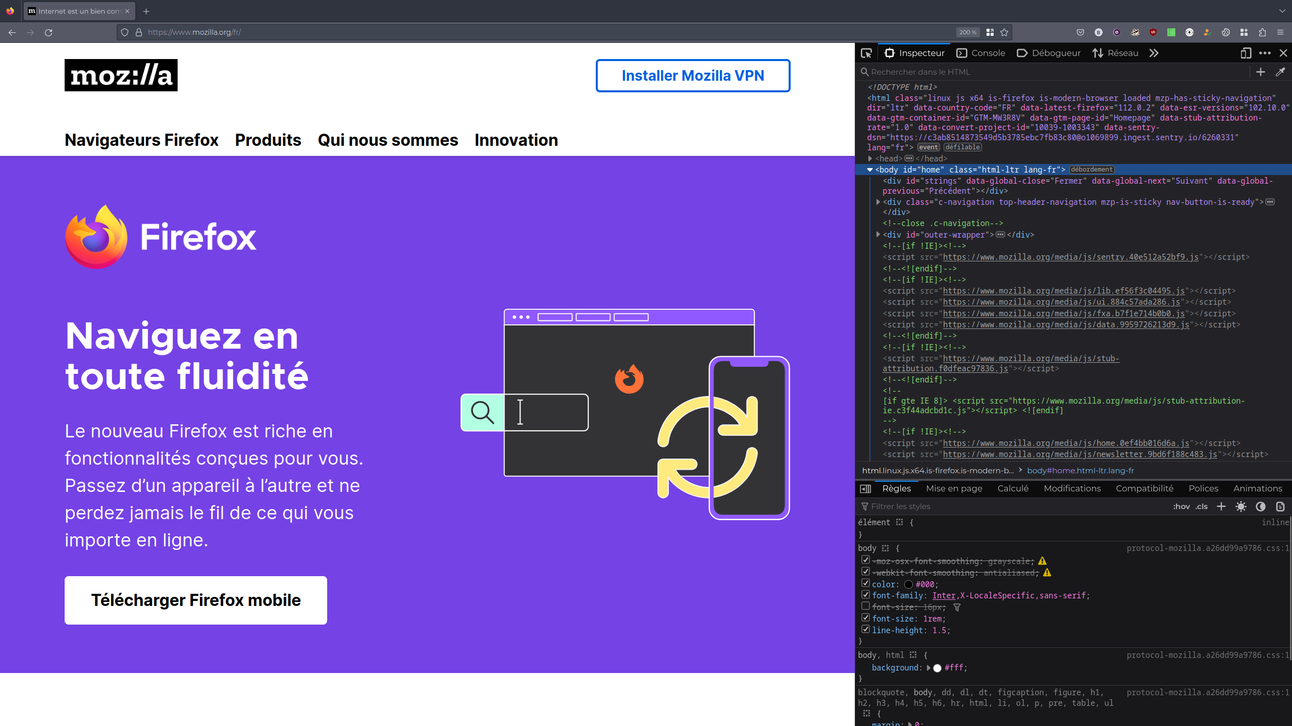 Capture d&rsquo;écran du site de Mozilla avec l&rsquo;inspecteur d&rsquo;éléments ouvert sur la droite